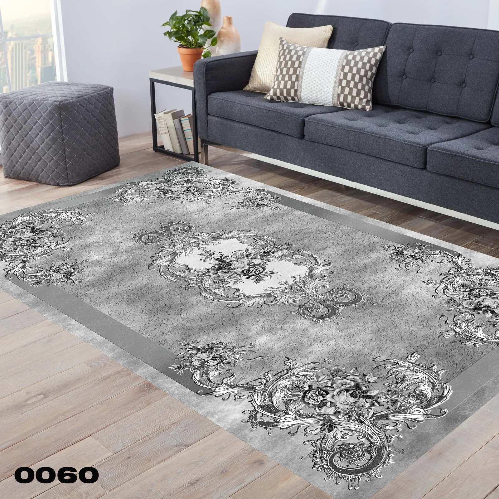 روفرشی طرح فرش طوسی با گل های سنتی کد 0060