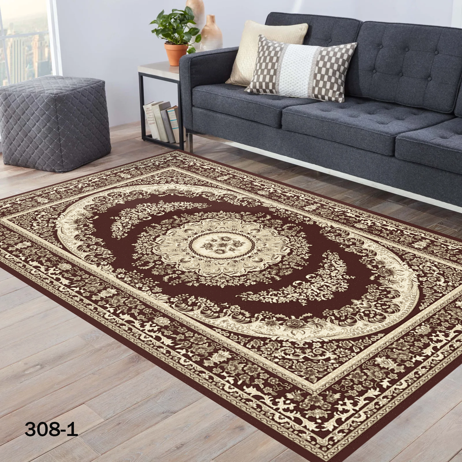 روفرشی طرح فرش طرح گل های سنتی کرمی کد 308-1